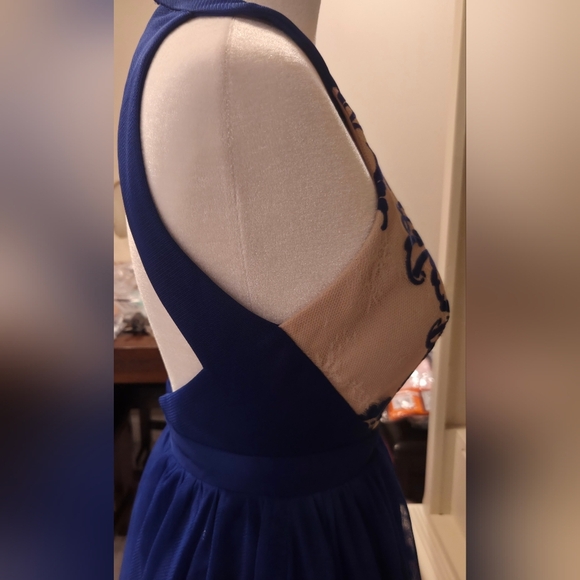 Blondie Nites Royal Blue & Cream Halter Style Neckline Fit & Flare Chiffon Mini - Picture 6 of 10